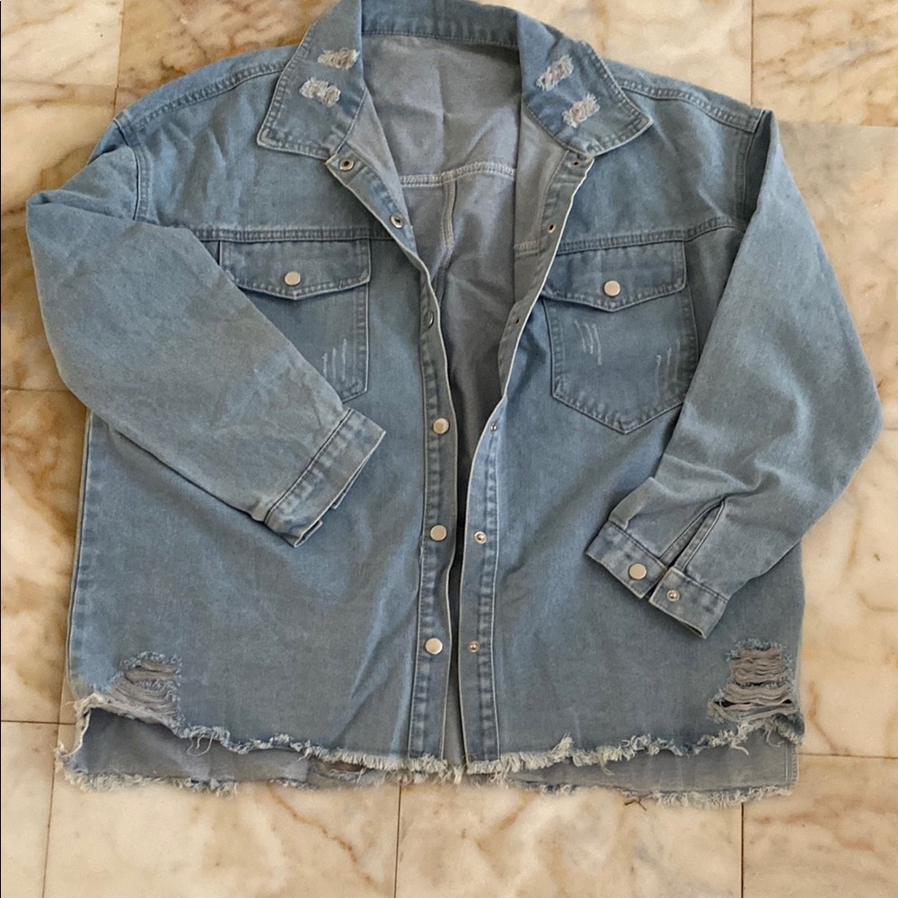 Blue Distressed Jean Jacket with Raw Hem